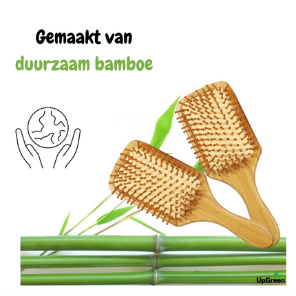 Bamboe haarborstel met een bamboe plant op de achtergrond