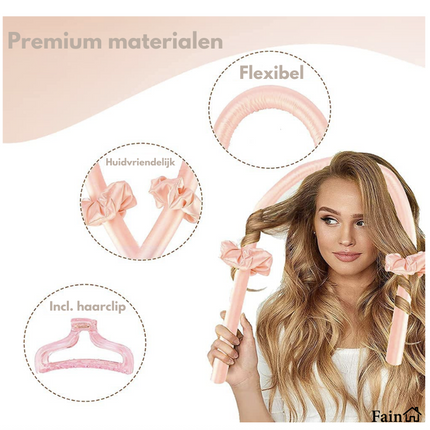 Silky heatless hair curler in de kleur roze is gemaakt van flexibel materiaal