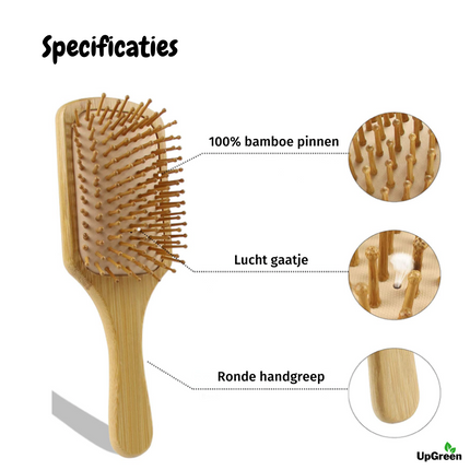 De duurzame haarborstel is gemaakt van 100% bamboe pinnen